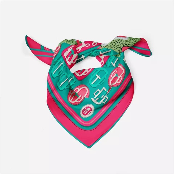 Leopard Scarf Pink Green Twill Silk Square - Chinoiserie / Grandmillennial Style - Picture 2 of 4